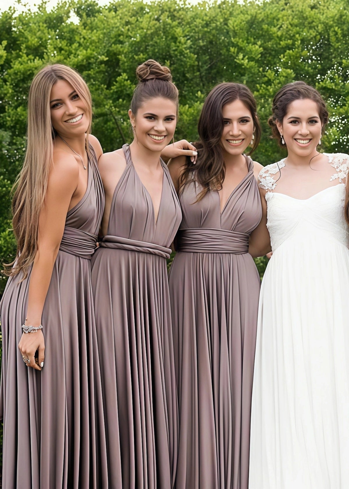 Coral | Ethereal Elegance Convertible Taupe Chiffon Maxi Bridesmaid Dress with Multiway Infinity - Taupe - PROMDRESS Club