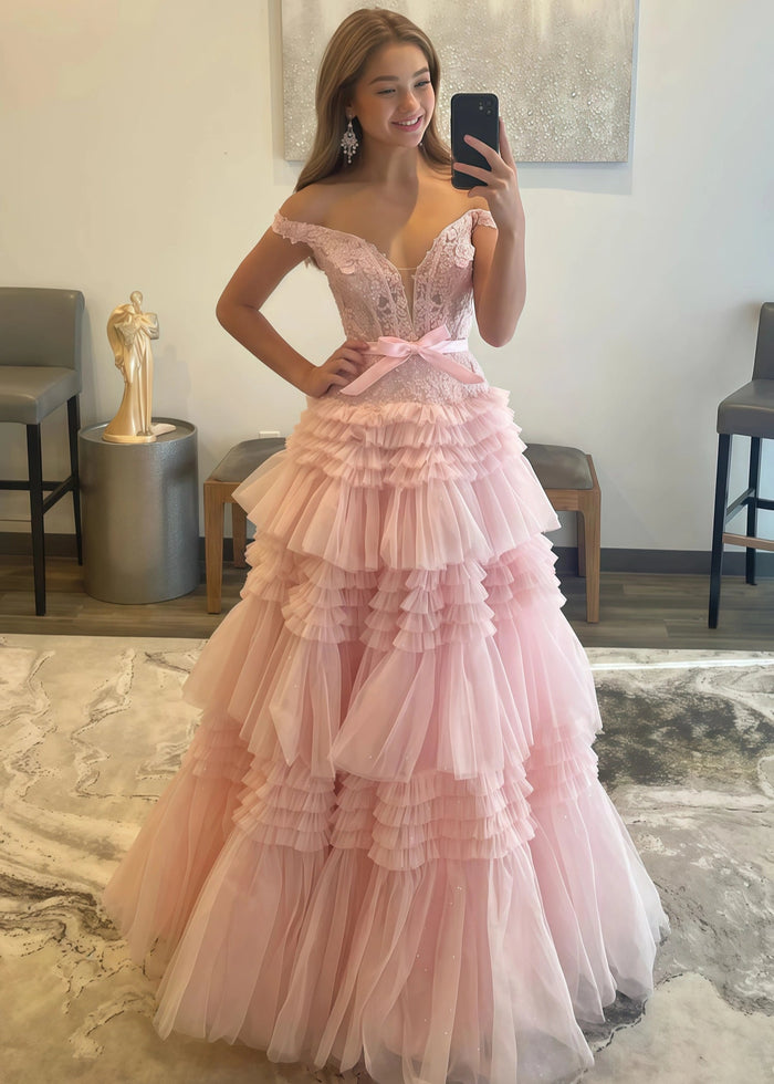 Cornelia | Long Light Pink Prom Dress Tulle With Princess A Line Off the Shoulder Ruffles - Light Pink - PromDressClub