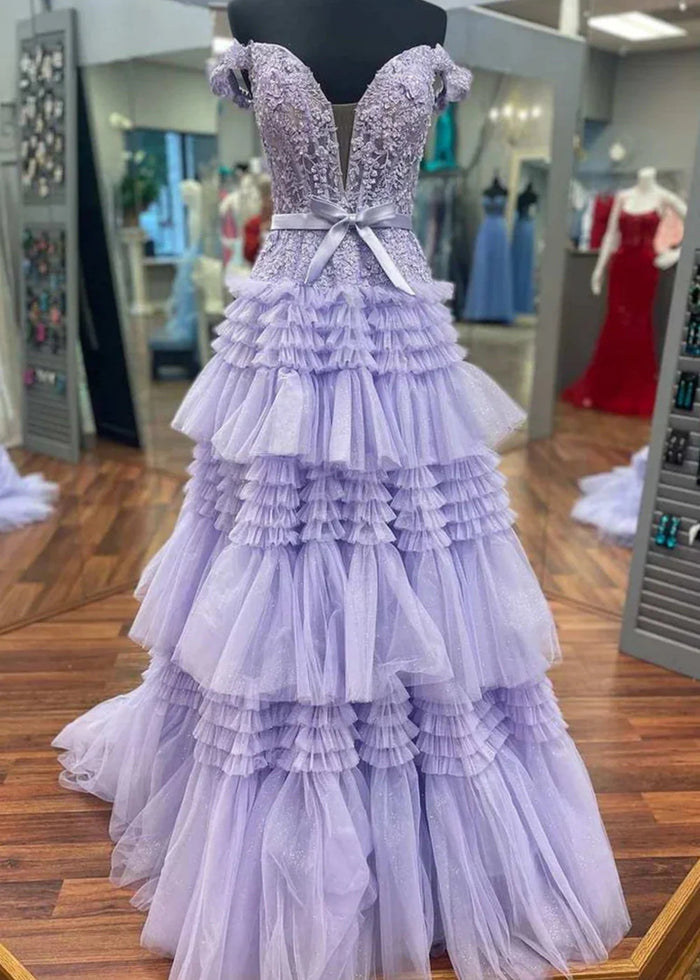Cornelia | Long Light Pink Prom Dress Tulle With Princess A Line Off the Shoulder Ruffles - Lilac - PromDressClub
