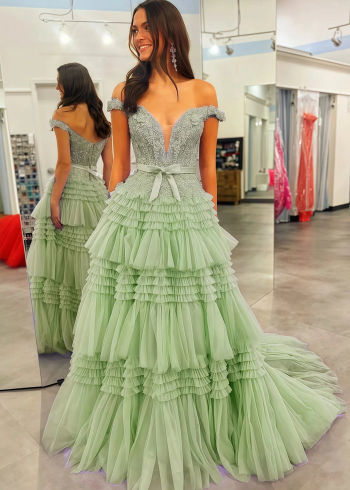 Cornelia | Long Light Pink Prom Dress Tulle With Princess A Line Off the Shoulder Ruffles - Sage - PromDressClub