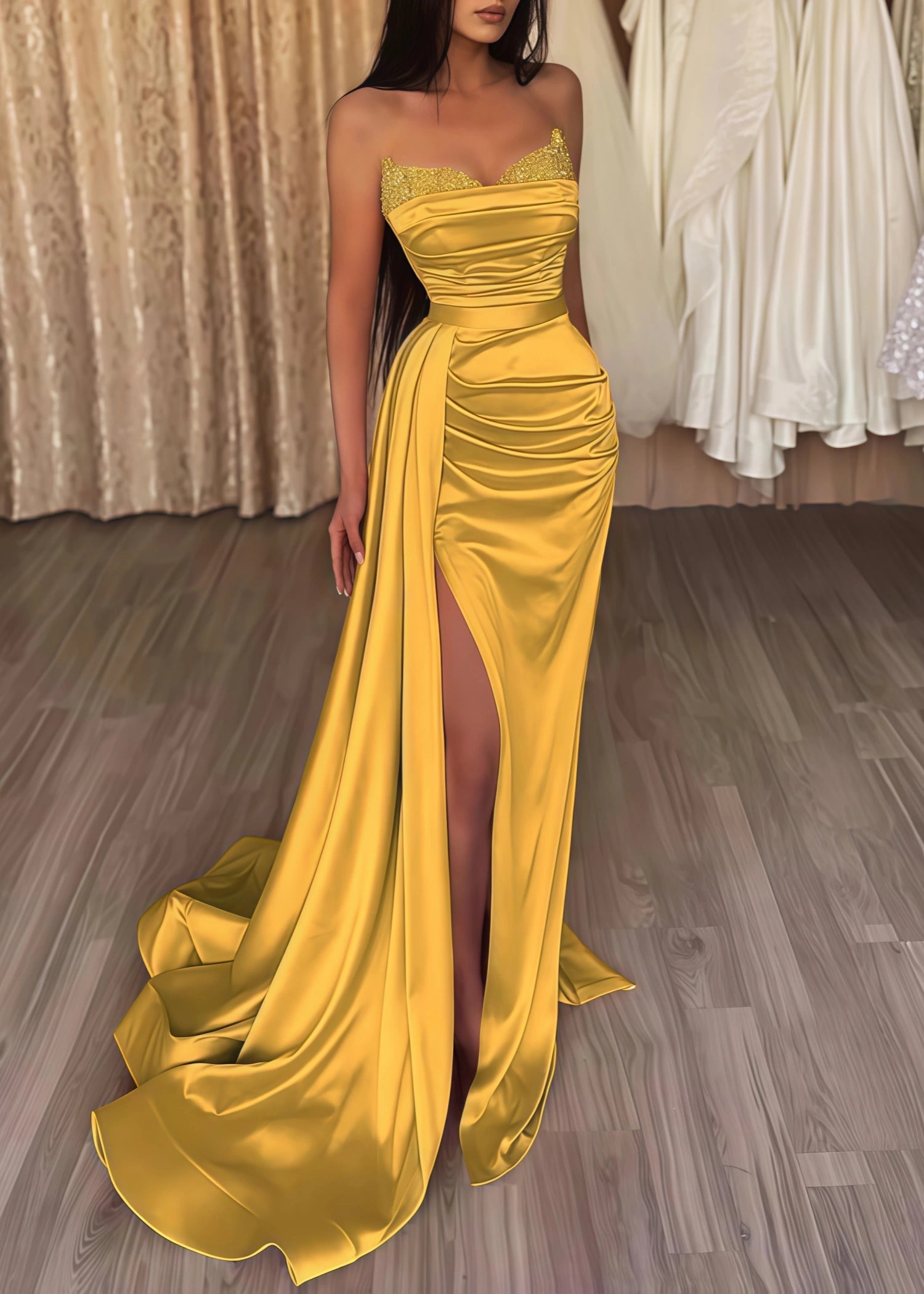 Crystal |Mermaid Evening Gown Sexy Dress Sleeveless Strapless Satin Prom Dress with Slit Pure Color - Gold - US0 - PromDressClub