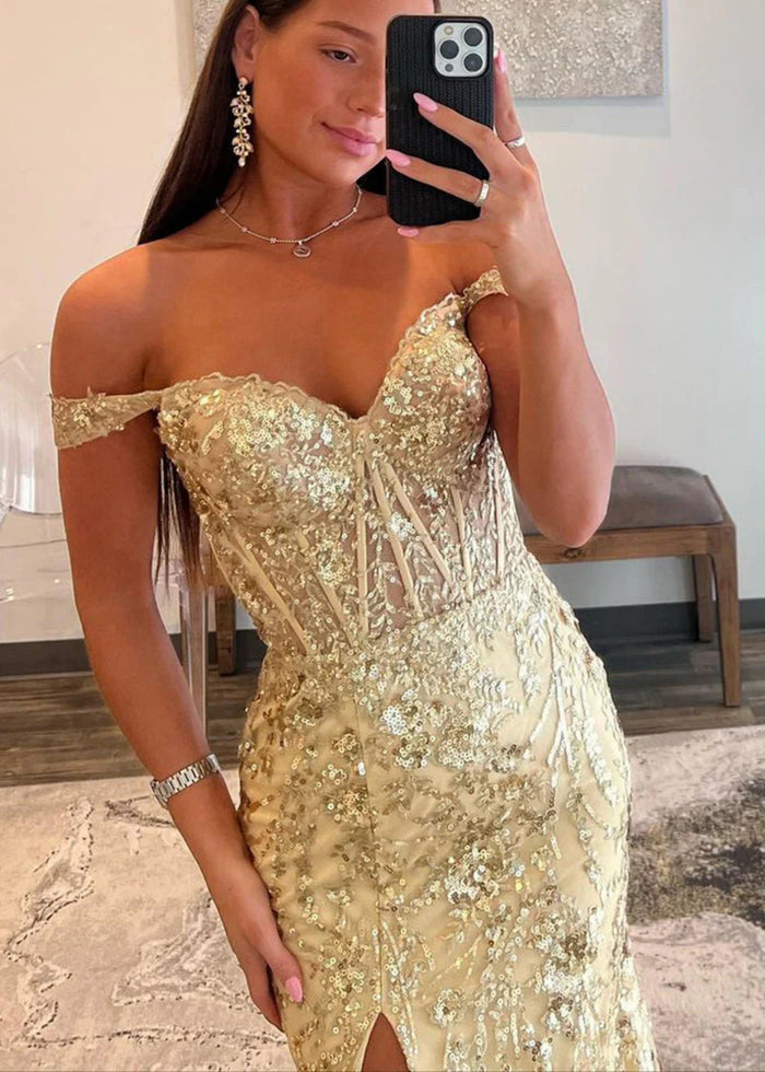 Cynthia | Off the Shoulder Gold Mermaid Sequin Corset Prom Dress with Slit - Gold - PromDressClub
