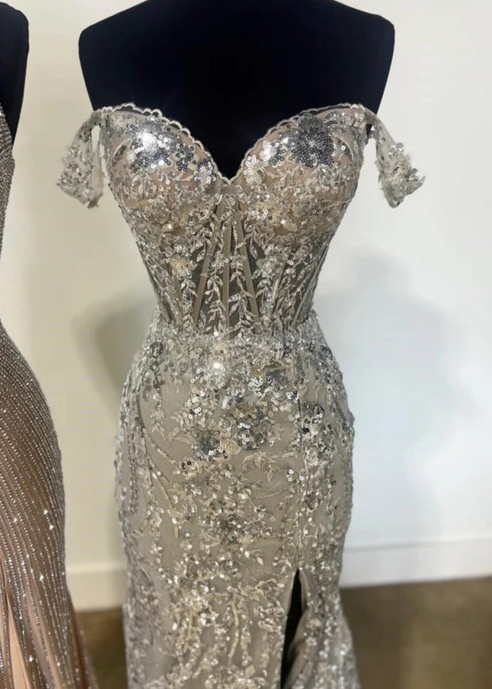 Cynthia | Off the Shoulder Gold Mermaid Sequin Corset Prom Dress with Slit - Silver - PromDressClub