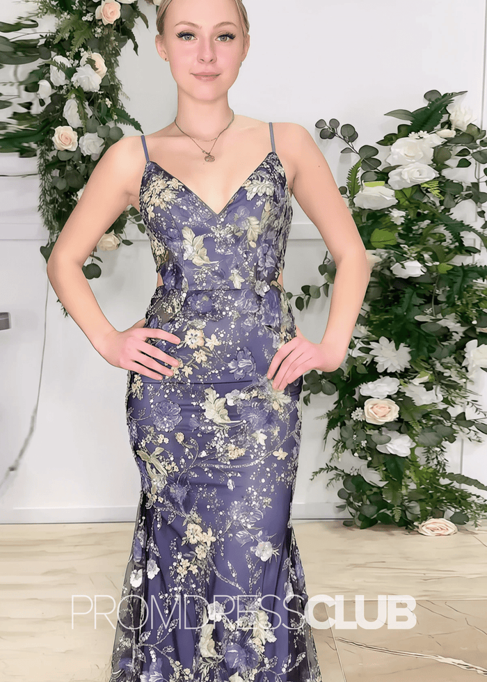 Cynthia |Navy Blue Prom Dress Long Mermaid Spaghetti Straps with Sparkly Appliques - Navy Floral - PromDressClub