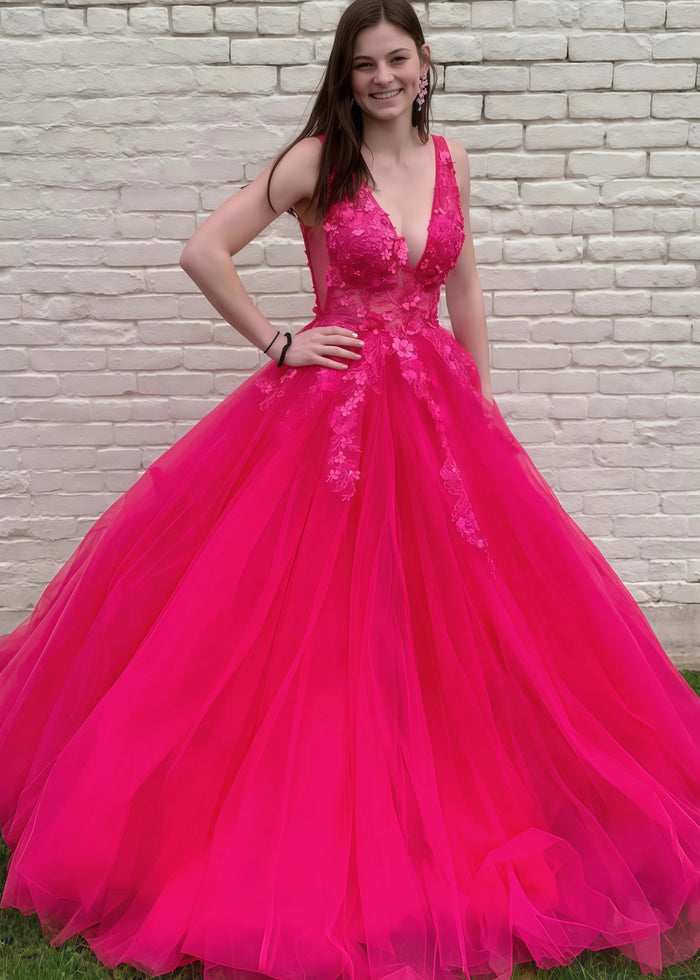 Betsy | A - Line Long Red Prom Dress With V - Neck Lace Appliques - Pink - PromDressClub