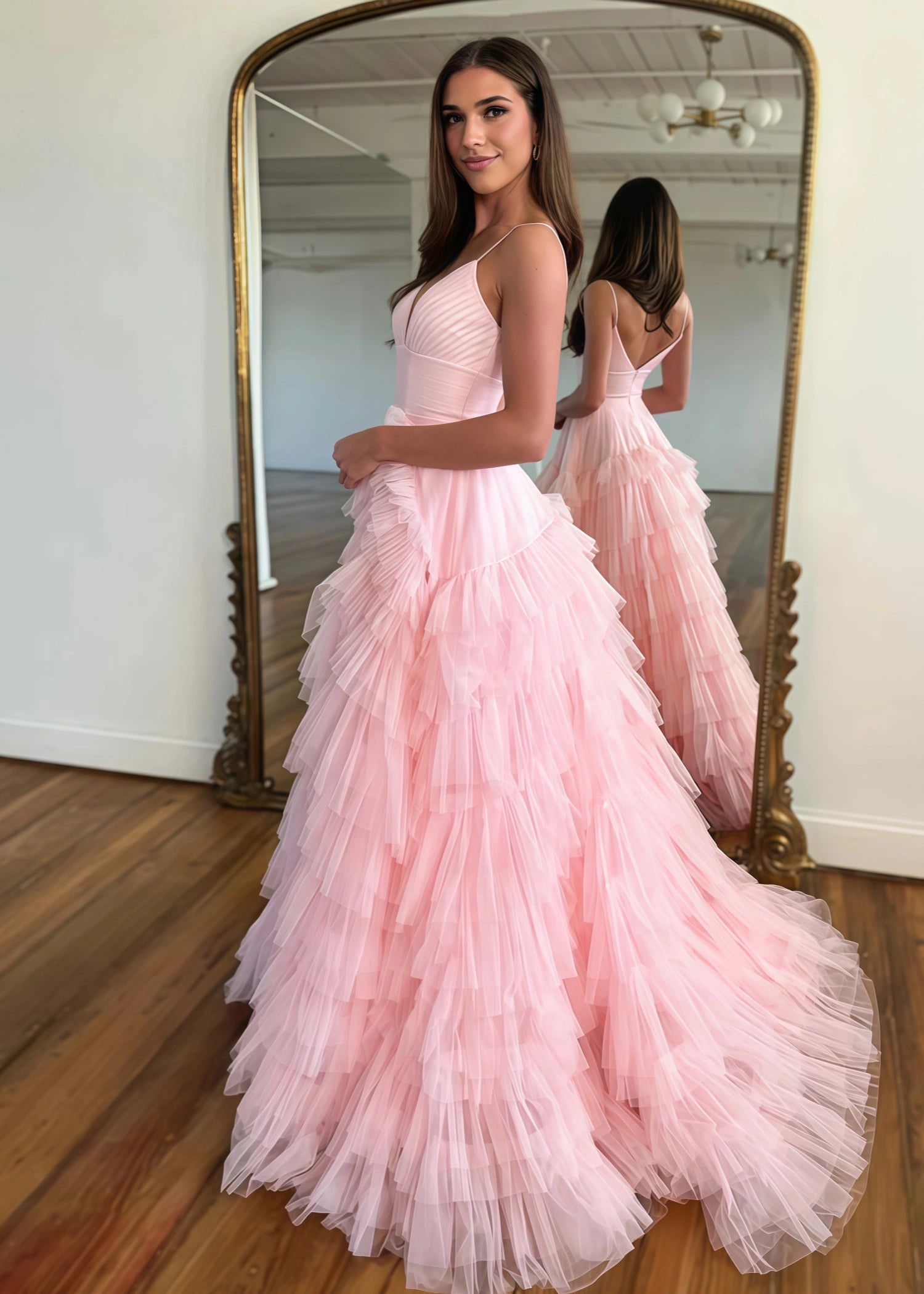 Isabel |Pink Long Prom Dress With A - Line Spaghetti Straps Tiered Tulle - Light Pink - US0 - PromDressClub