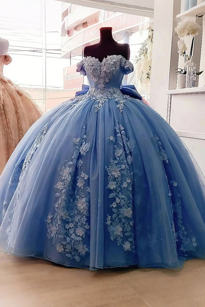 Daisy | Dusty Blue Quinceanera Dresses with Flowers - Elegant Off the Shoulder Gown for Special Occasions - Dusty Blue - PromDressClub