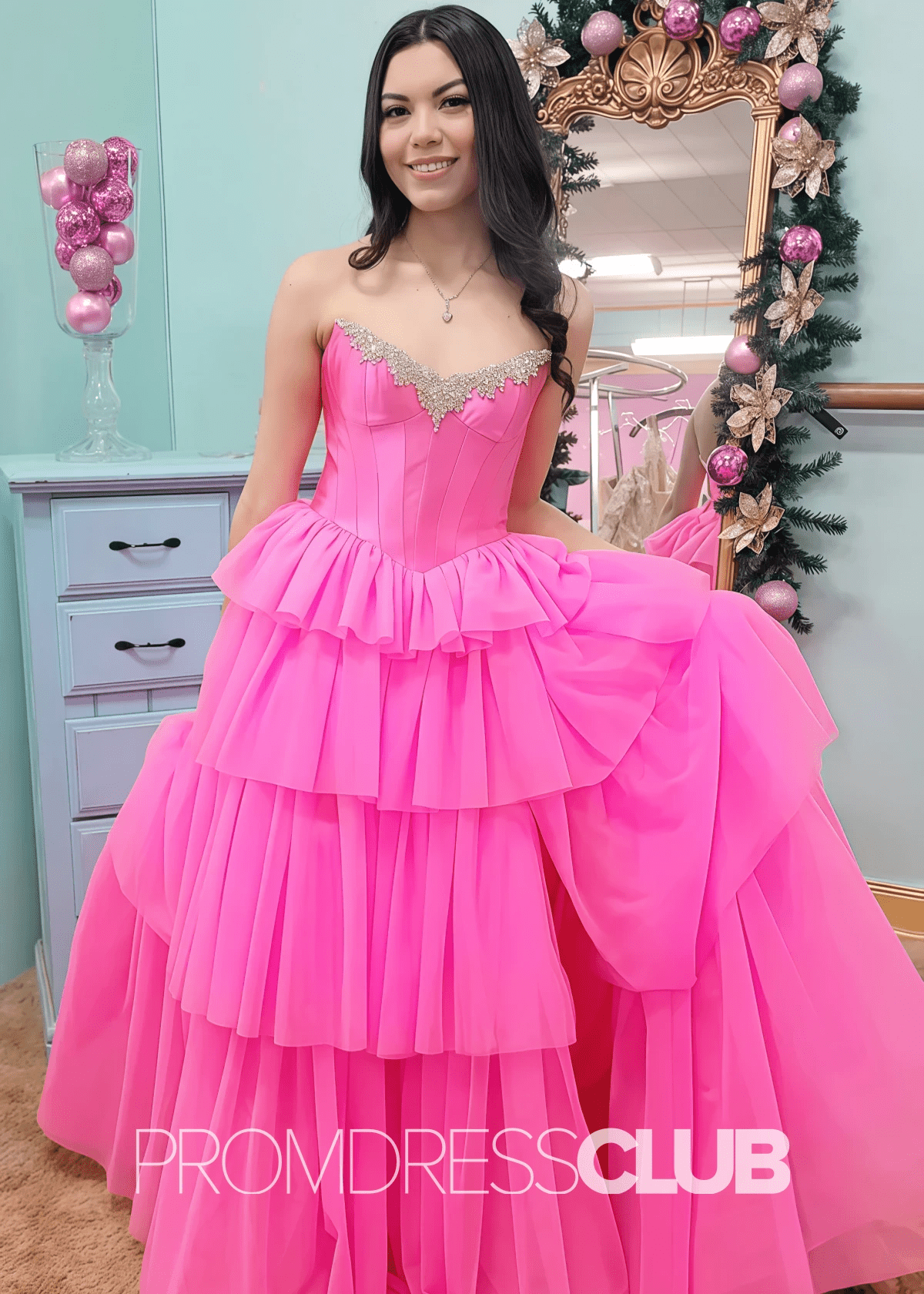 Daisy |Hot Pink Prom Dress Long A Line Tulle Tiered Corset Beaded with Slit - Hot Pink - PromDressClub