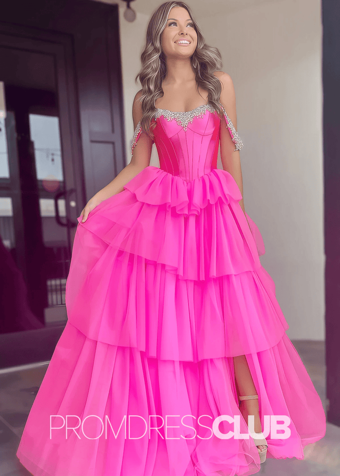 Daisy |Hot Pink Prom Dress Long A Line Tulle Tiered Corset Beaded with Slit - Hot Pink - PromDressClub