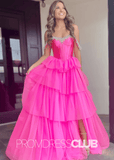 Daisy |Hot Pink Prom Dress Long A Line Tulle Tiered Corset Beaded with Slit - Hot Pink - PromDressClub