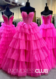 Dale |Hot Pink Prom Dress Long Ball Gown Sweetheart Tiered Sparkly Tulle Corset - Hot Pink - PromDressClub