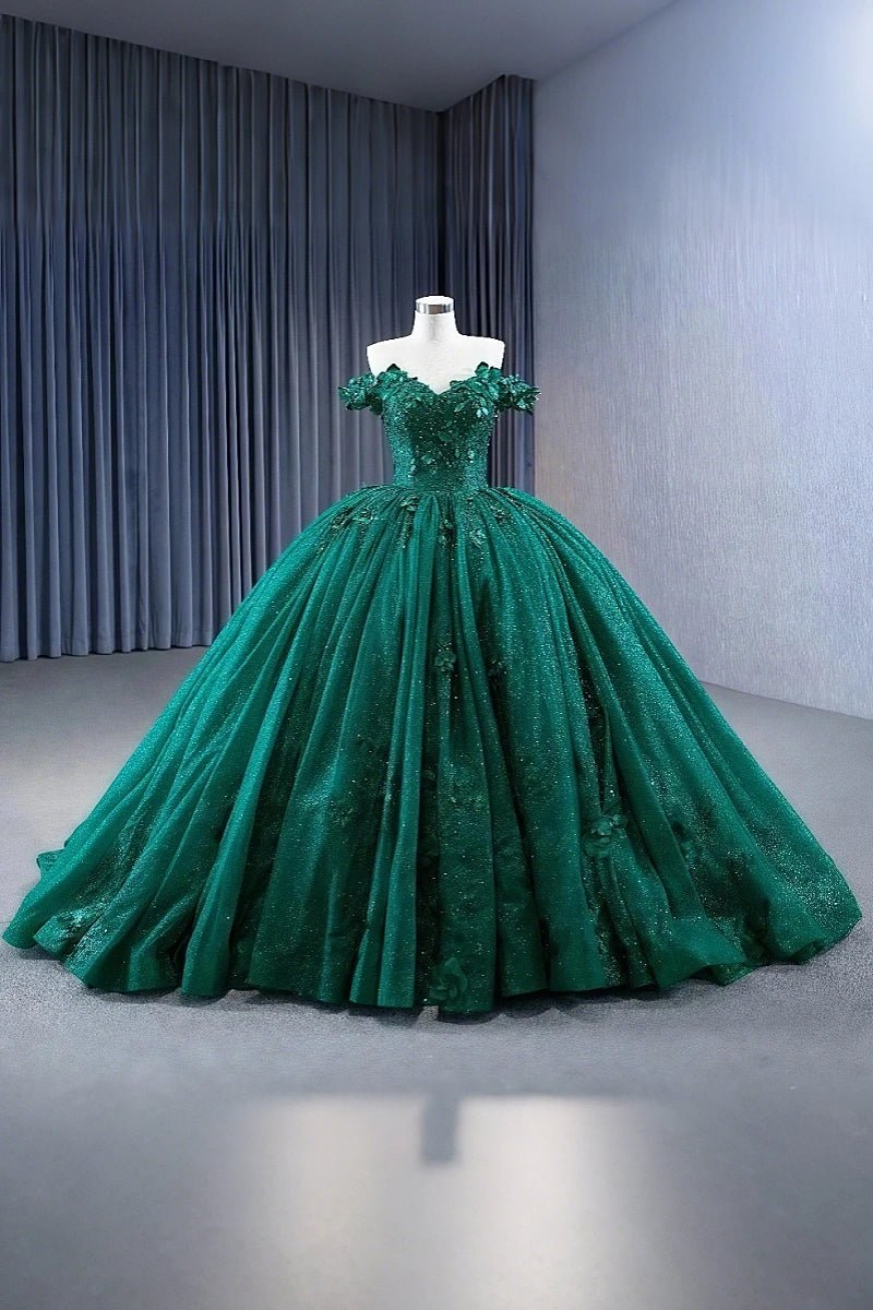 Daniela | Stunning Dark Green Flower Quinceanera Dresses - Off the Shoulder Sparkling Gown - Dark Green - PromDressClub