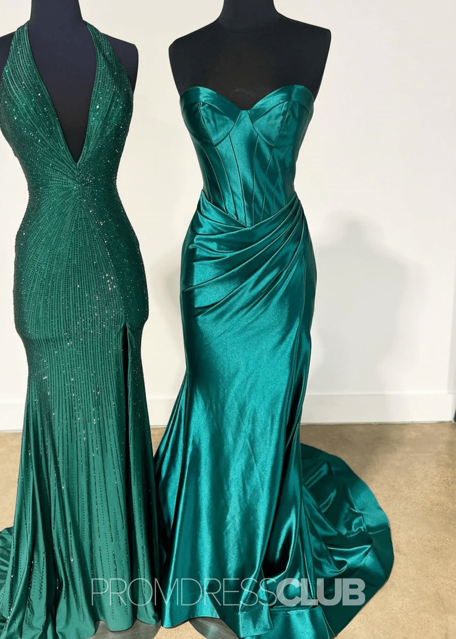 Daphne |Long Gold Prom Dress Satin With Mermaid Sweetheart Pleated Slit - Green - PromDressClub