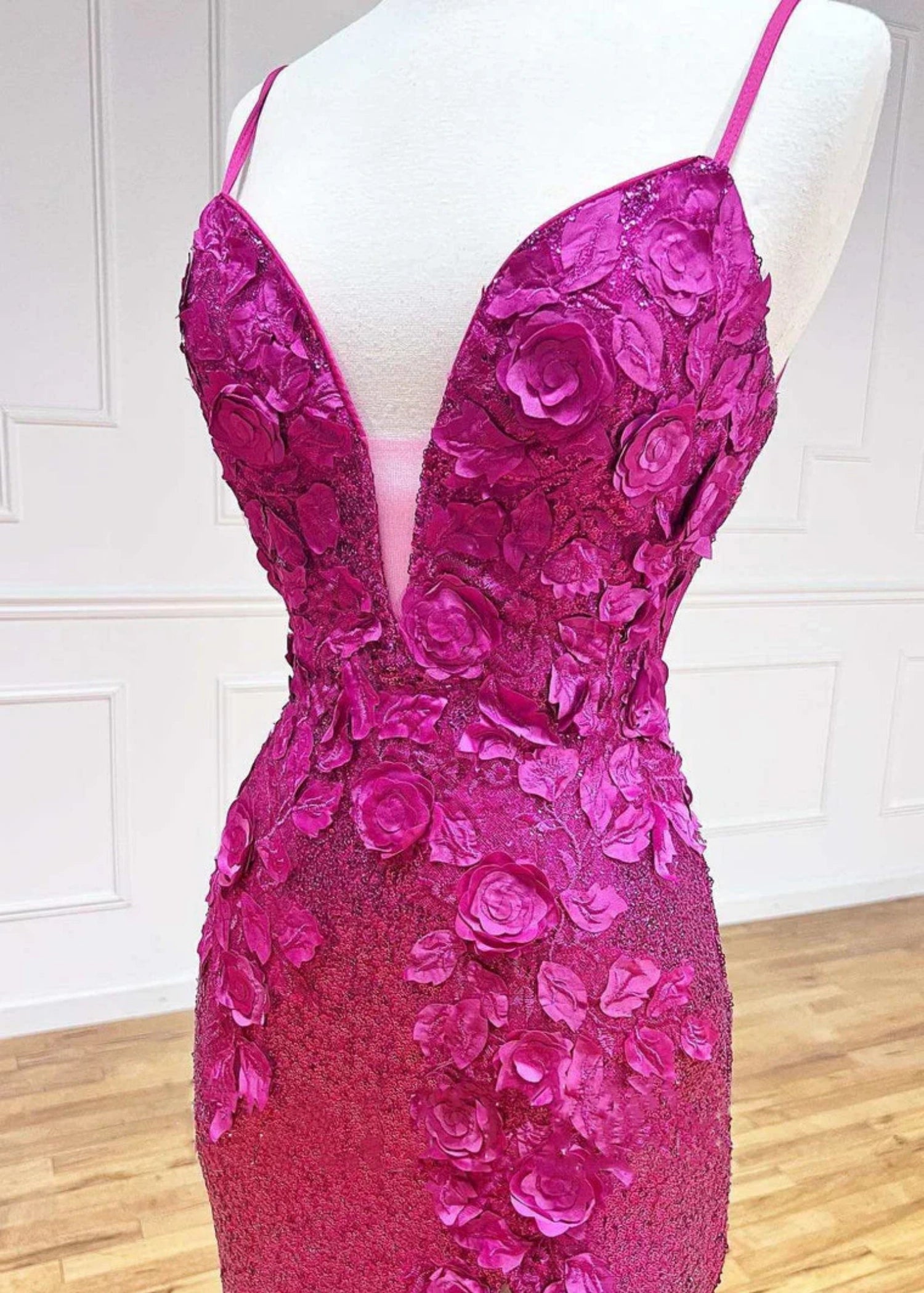 Daphne | Long Orange Prom Dress Sequins With Mermaid V Neck 3D Flower Slit - Fuchsia - US0 - PromDressClub