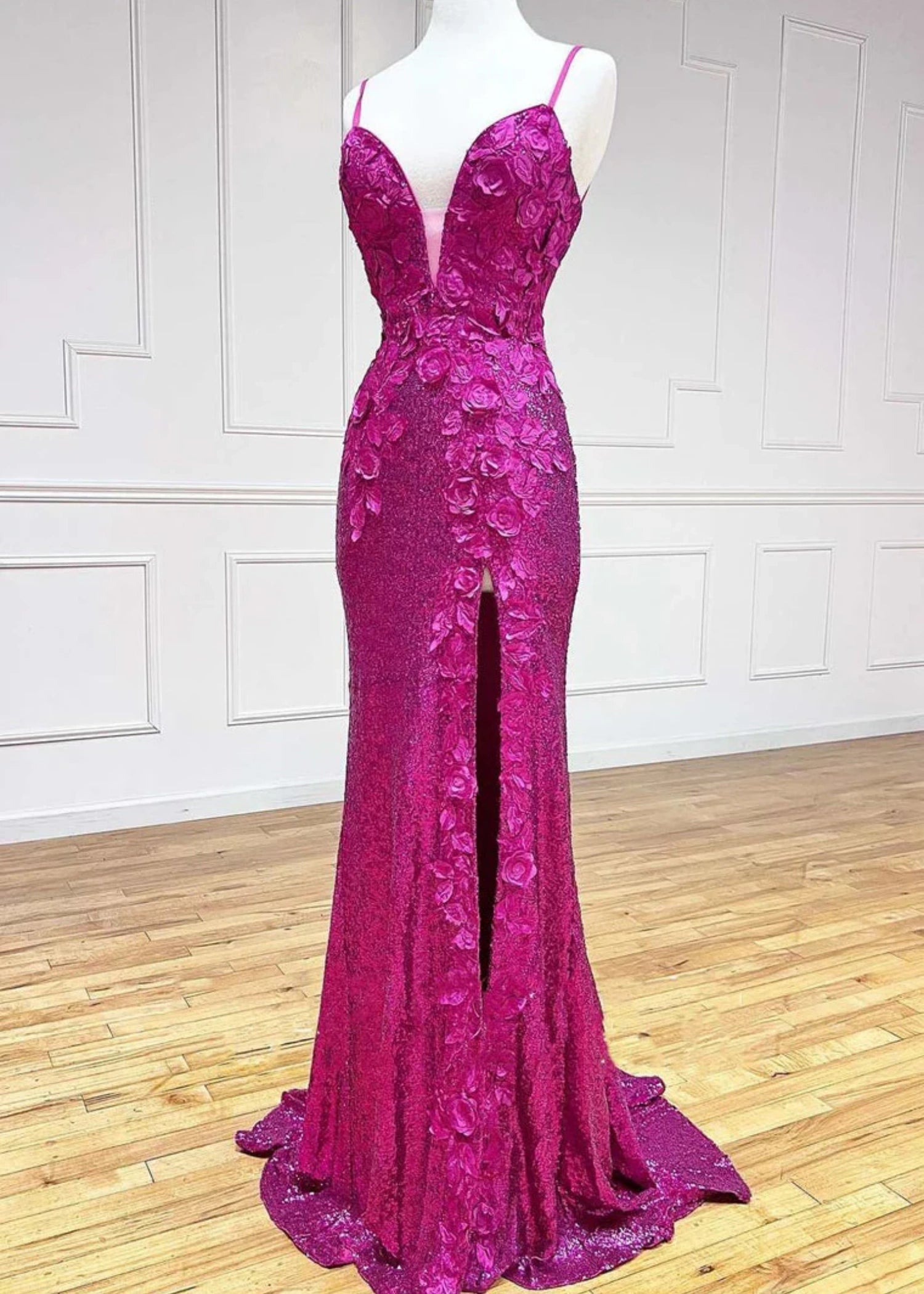 Daphne | Long Orange Prom Dress Sequins With Mermaid V Neck 3D Flower Slit - Fuchsia - US0 - PromDressClub