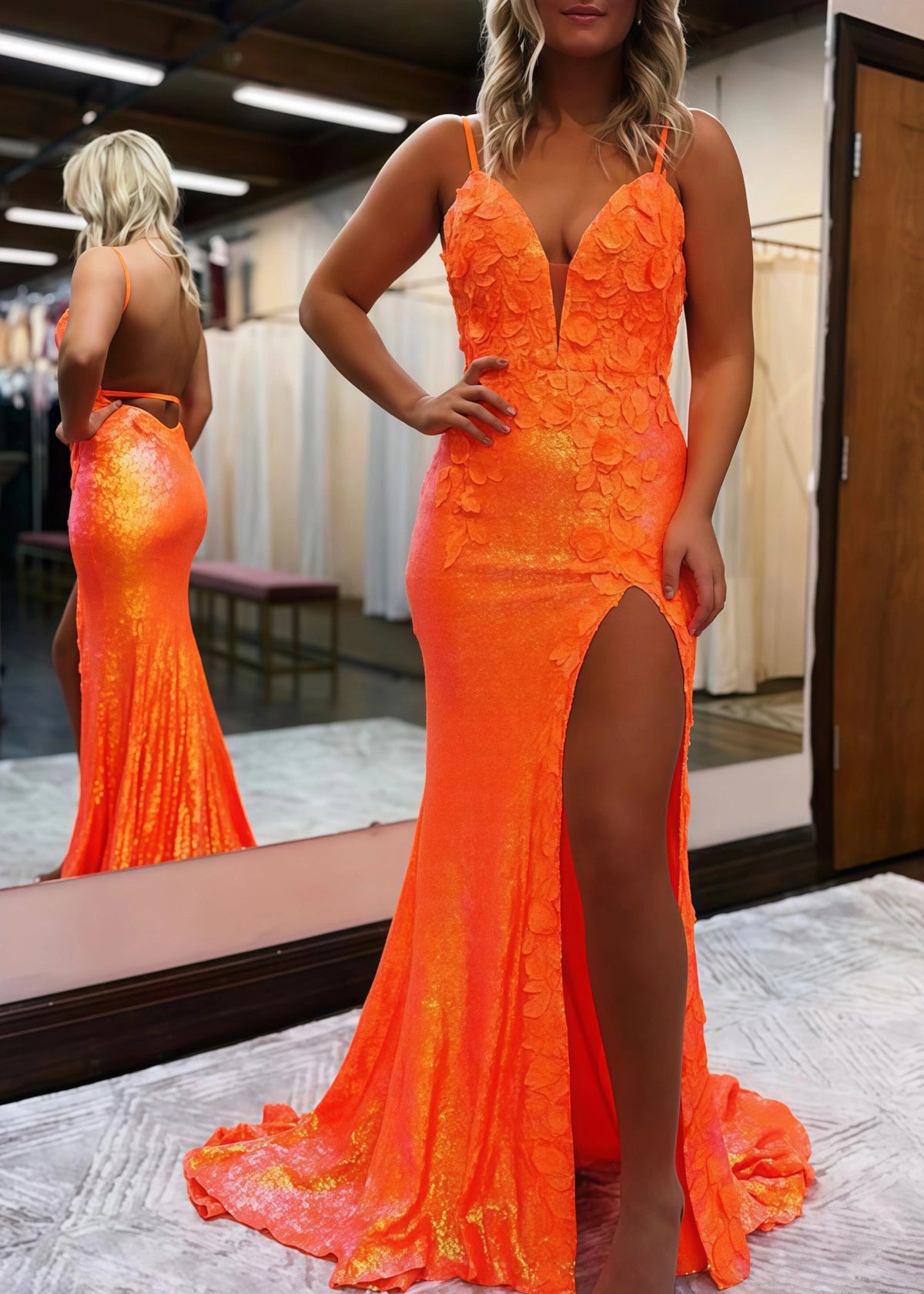 Daphne | Long Orange Prom Dress Sequins With Mermaid V Neck 3D Flower Slit - Orange - US0 - PromDressClub