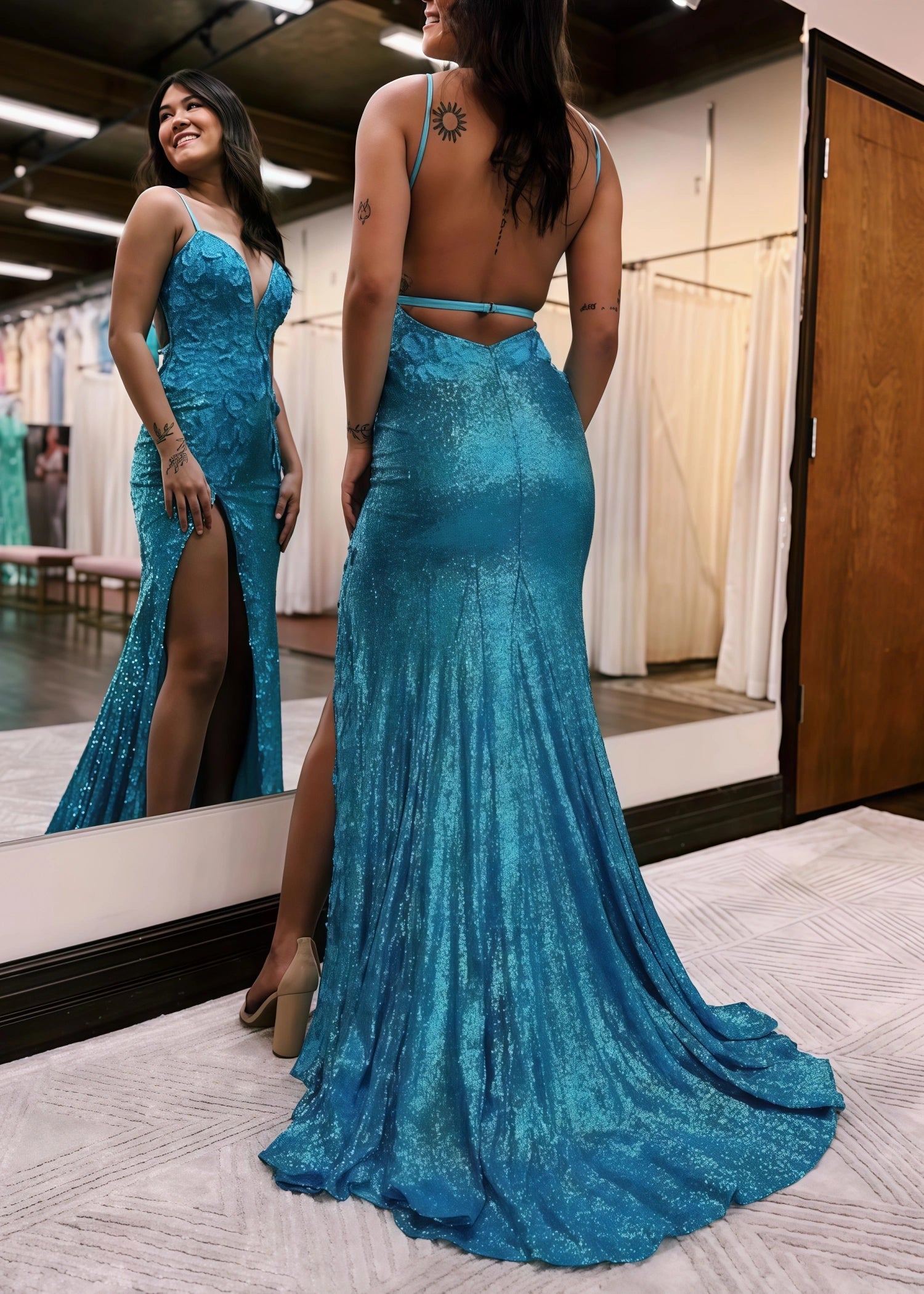 Daphne | Long Orange Prom Dress Sequins With Mermaid V Neck 3D Flower Slit - Peacock - US0 - PromDressClub