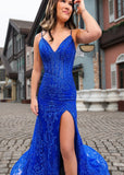 Daphne |Mermaid V neck Royal Blue Spaghetti Straps Lace Long Corset Prom Dress with Slit - Royal Blue - US0 - PromDressClub