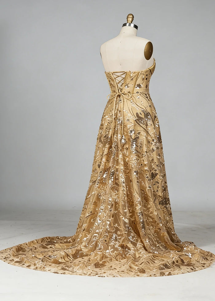 Dara Glitter Gold Strapless Prom Dress | A - Line Sweetheart Neckline Sequin Cocktail Dress with Slit - Gold - PromDressClub