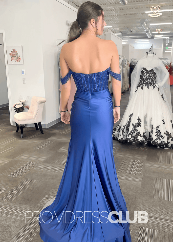 Dawn |Navy Blue Prom Dress Long Mermaid Sparkly Corset Off The Shoulder with Slit - Navy Blue - PromDressClub