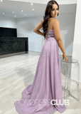 Debby |Lilac Prom Dress Long A Line Sparkly Tulle Corset with Slit - Lilac - PromDressClub