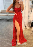 Deborah |Long Hot Pink Prom Dress Sequins With Meimaid Spaghetti Straps Slit - Red - US0 - PromDressClub