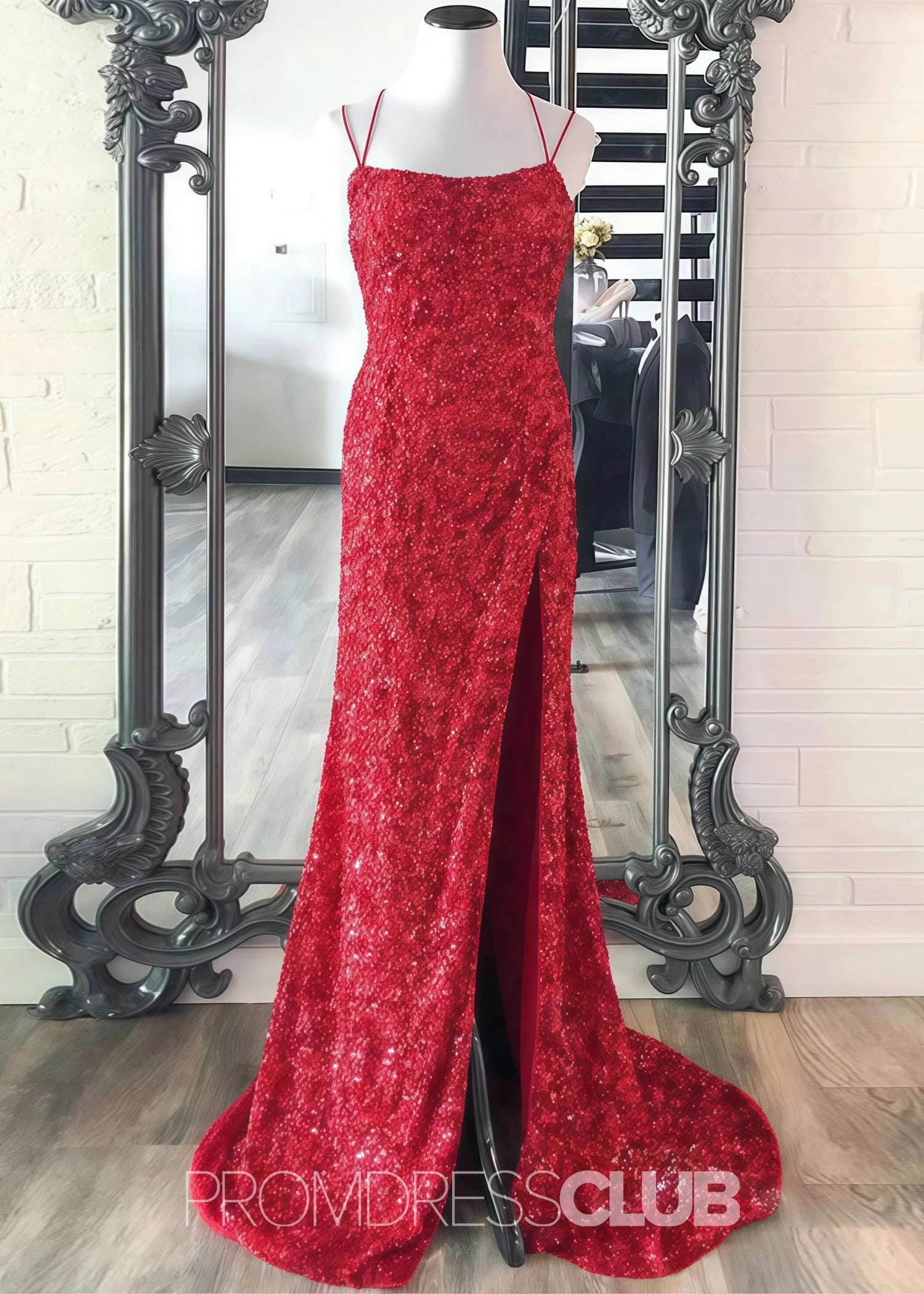 Deborah |Long Hot Pink Prom Dress Sequins With Meimaid Spaghetti Straps Slit - Red - US0 - PromDressClub