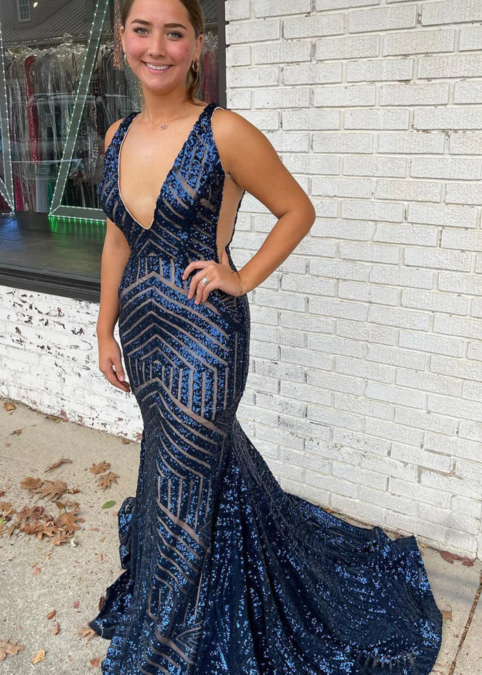 Joyce | Trumpet/Mermaid V Neck Orange White Sequin Prom Dress with Train - Navy Blue - PromDressClub