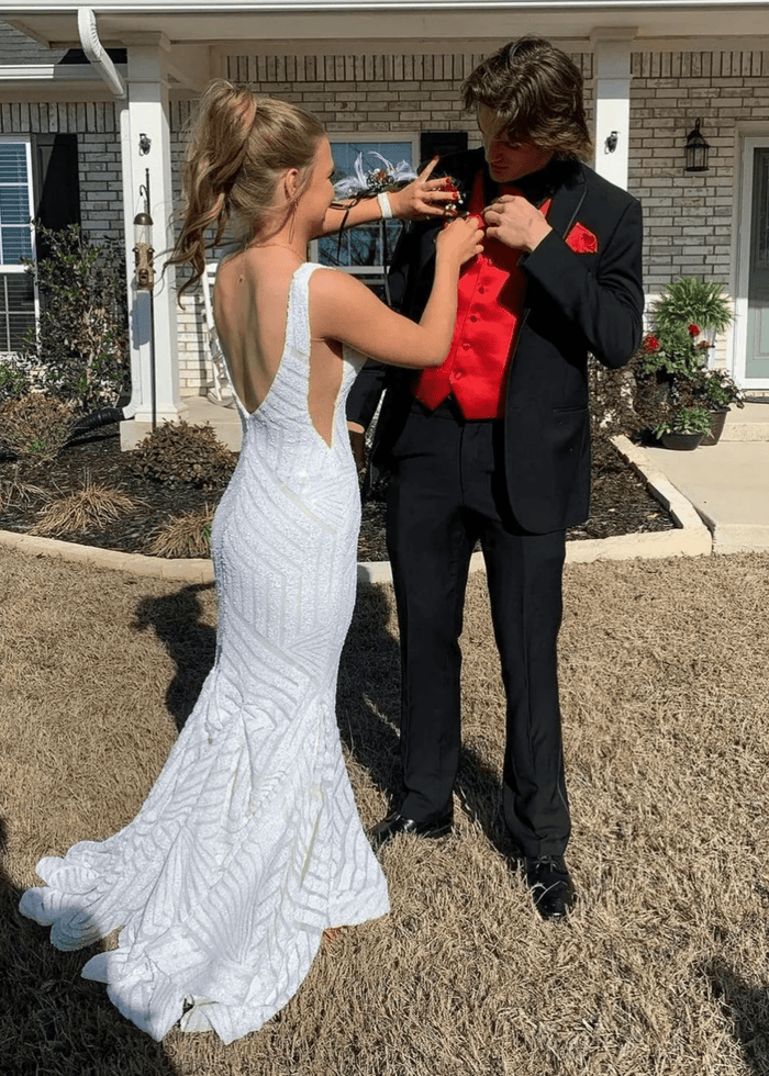 Joyce | Trumpet/Mermaid V Neck Orange White Sequin Prom Dress with Train - White - PromDressClub