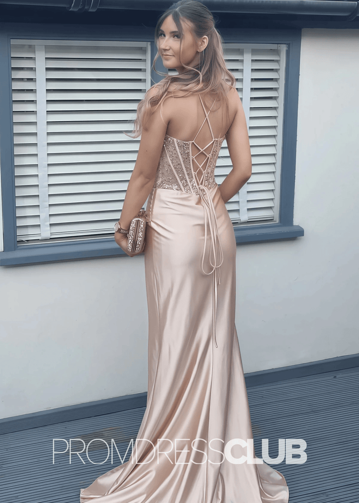 Deirdre |Royal Blue Prom Dresses Long Mermaid Sweetheart Sparkly Corset Pleated with Slit - Price #price_variant_lowest# - Champagne - PromDressClub