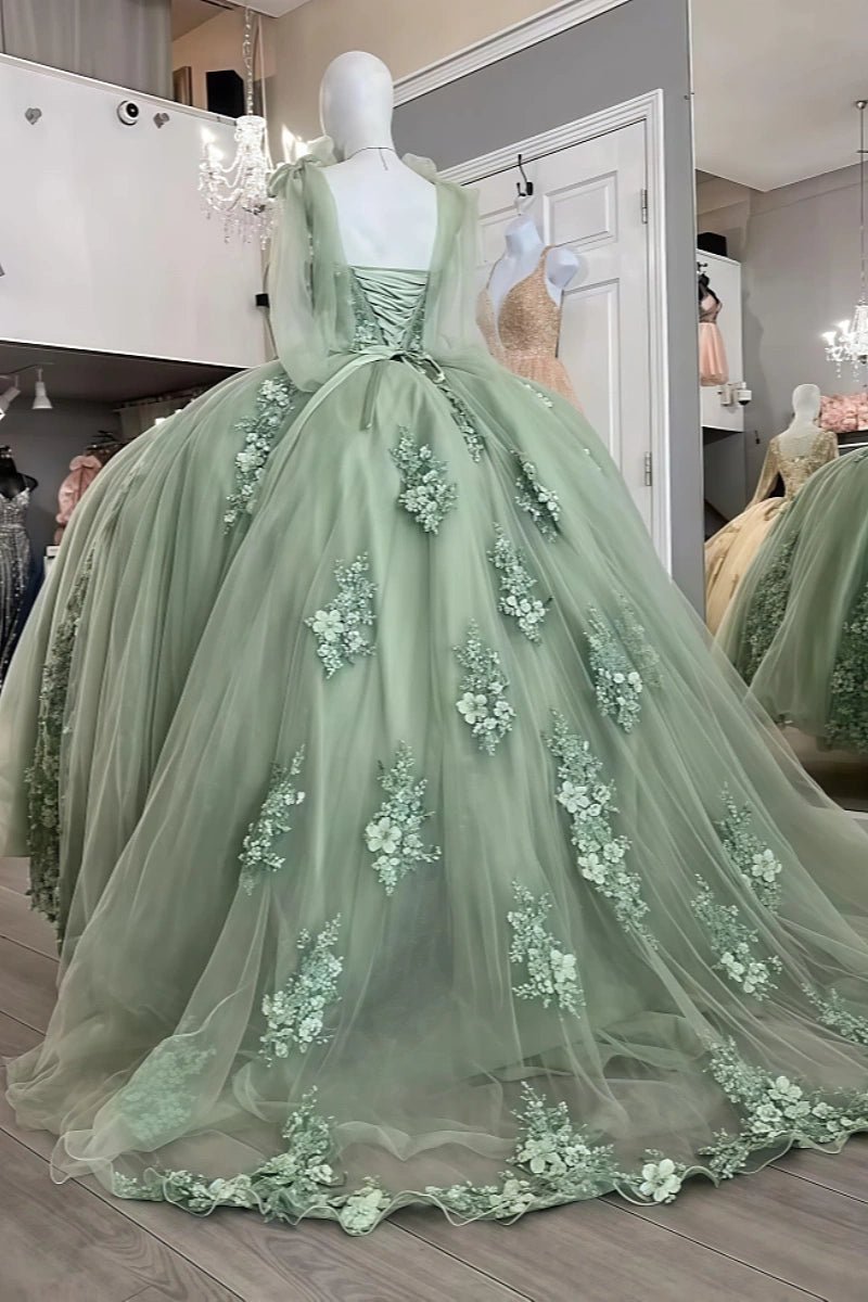 Delia | Sage Green Flower Quinceanera Dresses with Bows – Perfect for Memorable Celebrations - Sage - PromDressClub
