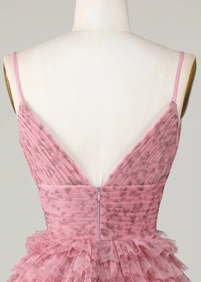 Demelza | Stunning Pink Homecoming Dress: V - Neck & Layered Ruffled Tulle - Blush Floral - PromDressClub