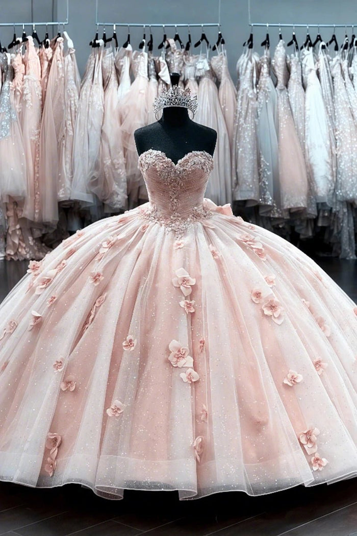 Denise | Pink Strapless Quinceanera Dresses Embellished with Flowers - Pink - PromDressClub