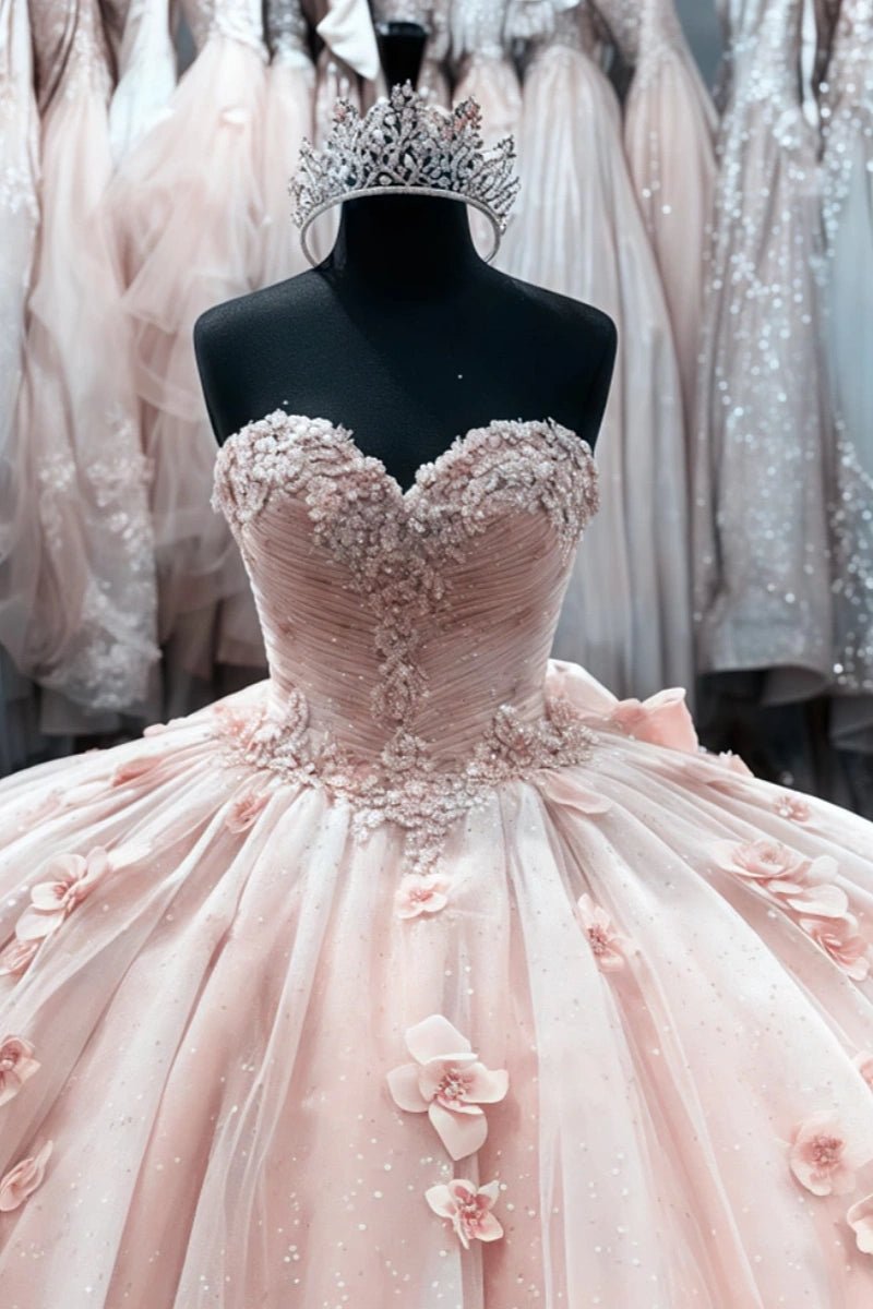 Denise | Pink Strapless Quinceanera Dresses Embellished with Flowers - Pink - PromDressClub