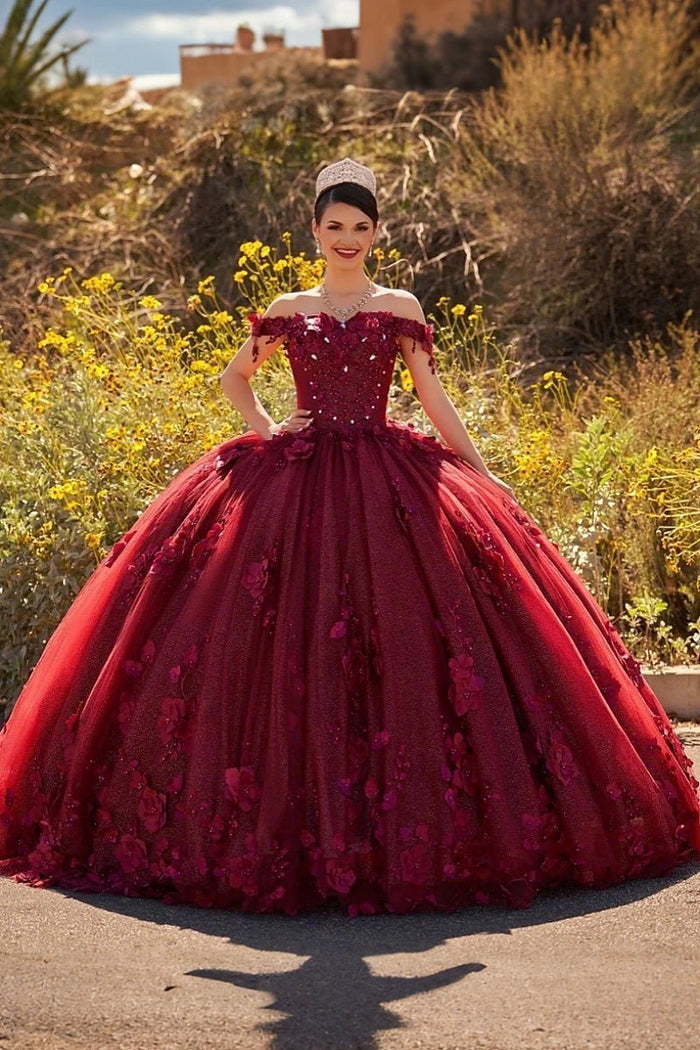 Desiree | Burgundy Flower Quinceanera Dresses Off the Shoulder : A Blend of Grace and Glamour - Burgundy - PromDressClub