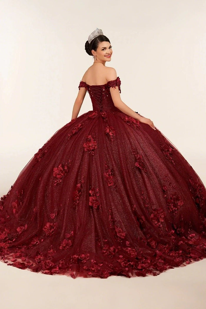 Desiree | Burgundy Flower Quinceanera Dresses Off the Shoulder : A Blend of Grace and Glamour - Burgundy - PromDressClub
