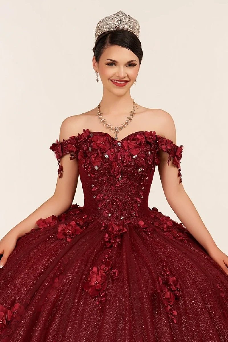 Desiree | Burgundy Flower Quinceanera Dresses Off the Shoulder : A Blend of Grace and Glamour - Burgundy - PromDressClub