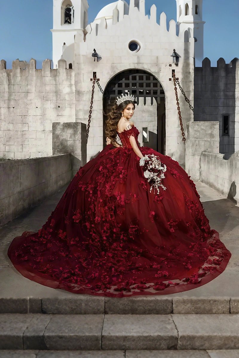 Desiree | Burgundy Flower Quinceanera Dresses Off the Shoulder : A Blend of Grace and Glamour - Burgundy - PromDressClub