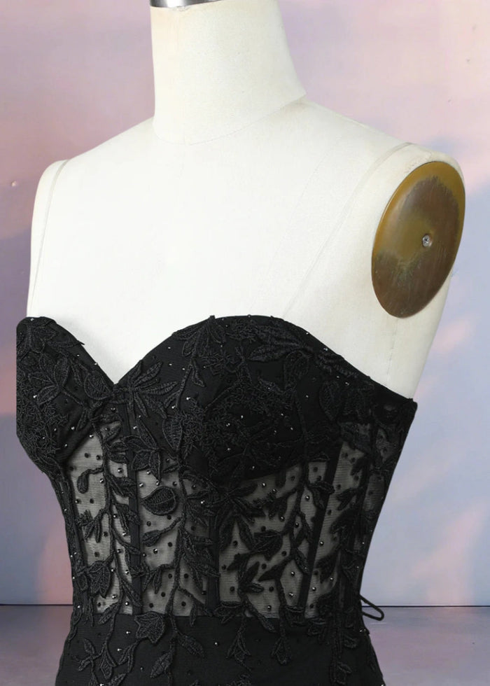 Despina | Dazzle in Black: Lace Short Strapless Homecoming Dress with Sparkling Details - Black - PromDressClub