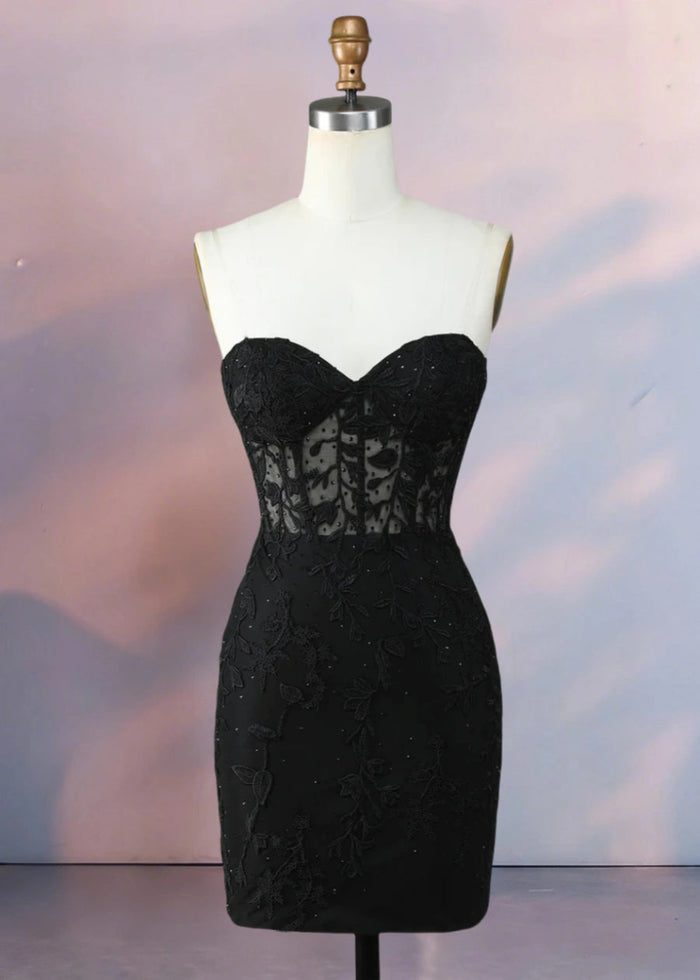 Despina | Dazzle in Black: Lace Short Strapless Homecoming Dress with Sparkling Details - Black - PromDressClub