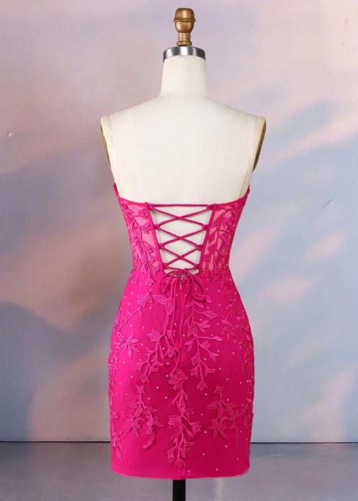 Despina | Dazzle in Black: Lace Short Strapless Homecoming Dress with Sparkling Details - Fuchsia - PromDressClub