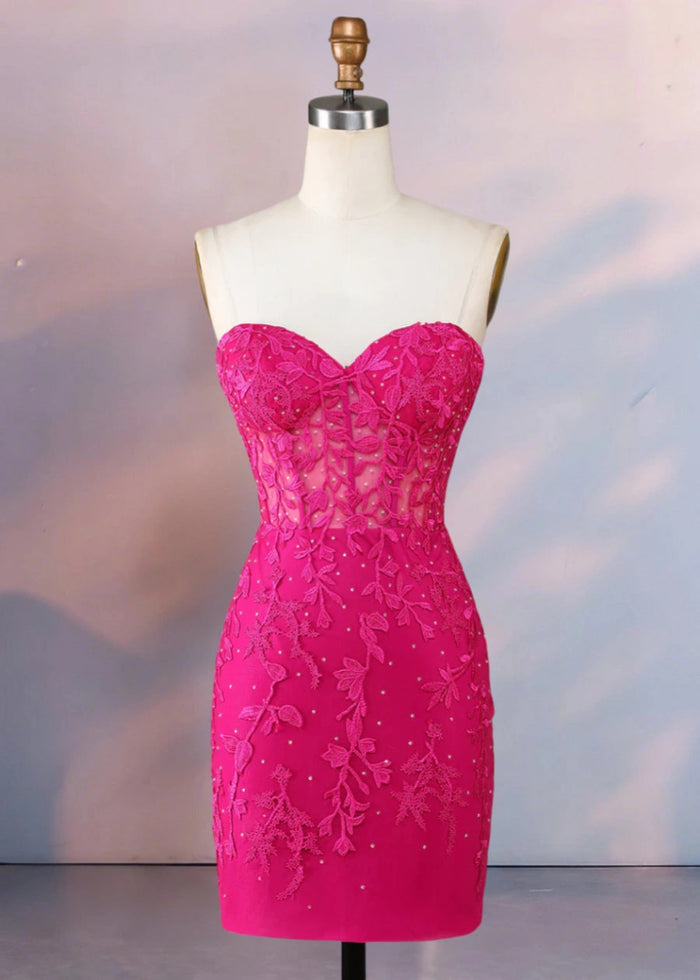 Despina | Dazzle in Black: Lace Short Strapless Homecoming Dress with Sparkling Details - Fuchsia - PromDressClub