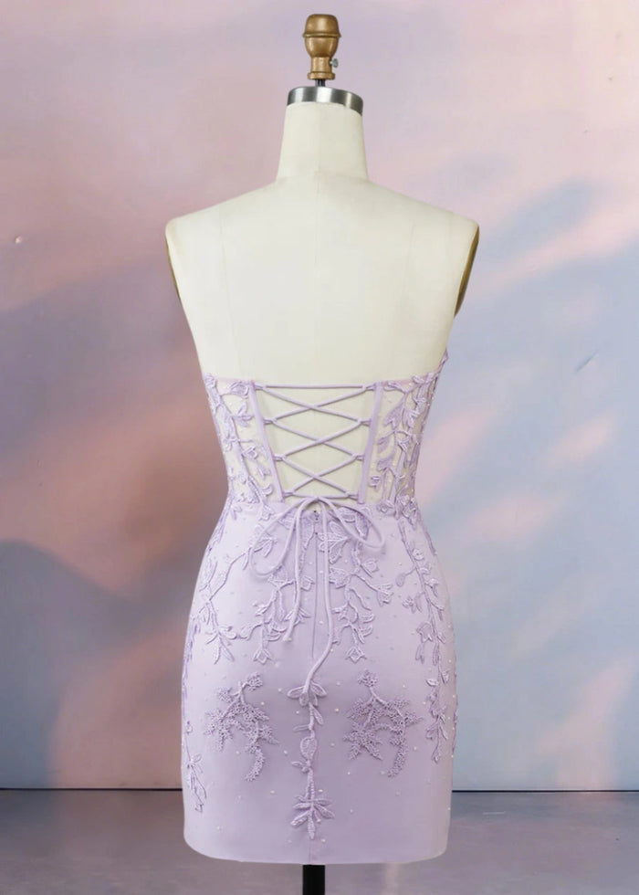 Despina | Dazzle in Black: Lace Short Strapless Homecoming Dress with Sparkling Details - Lavender - PromDressClub