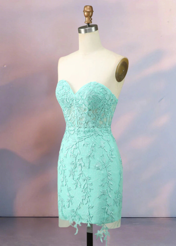 Despina | Dazzle in Black: Lace Short Strapless Homecoming Dress with Sparkling Details - Light Green - PromDressClub