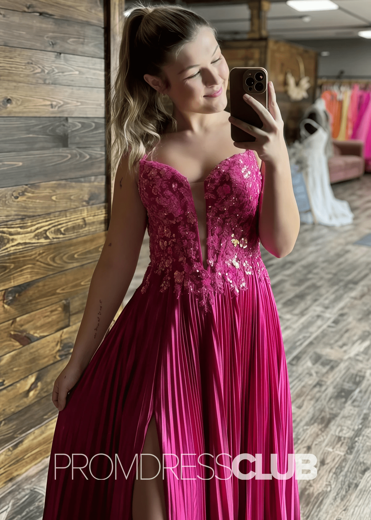 Dinah |Fuchsia Prom Dresses Long A Line Pleated Corset with Slit - Fuchsia - PromDressClub