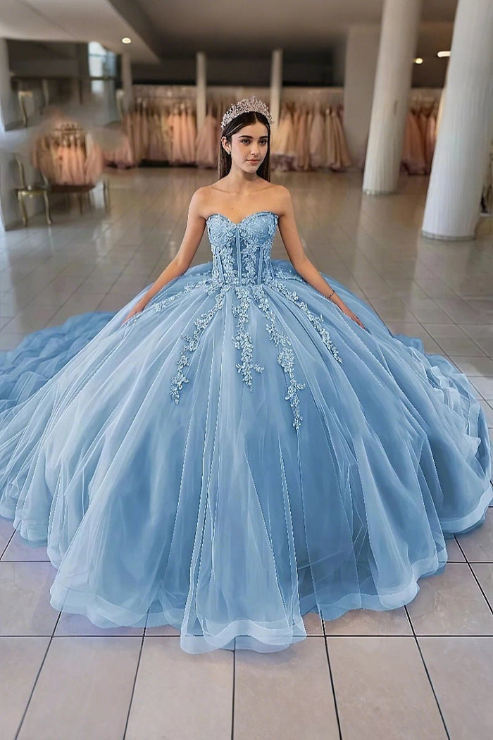 Dolores | Exquisite Lavender Flower Strapless Corset Quinceanera Dresses - Light Blue - PromDressClub