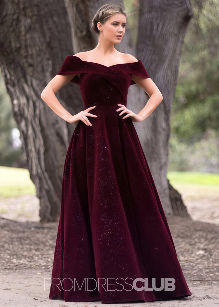 Dolores |Floor Length Burgundy Prom Dress Velvet With A - line Off The Shoulder - Burgundy - PromDressClub