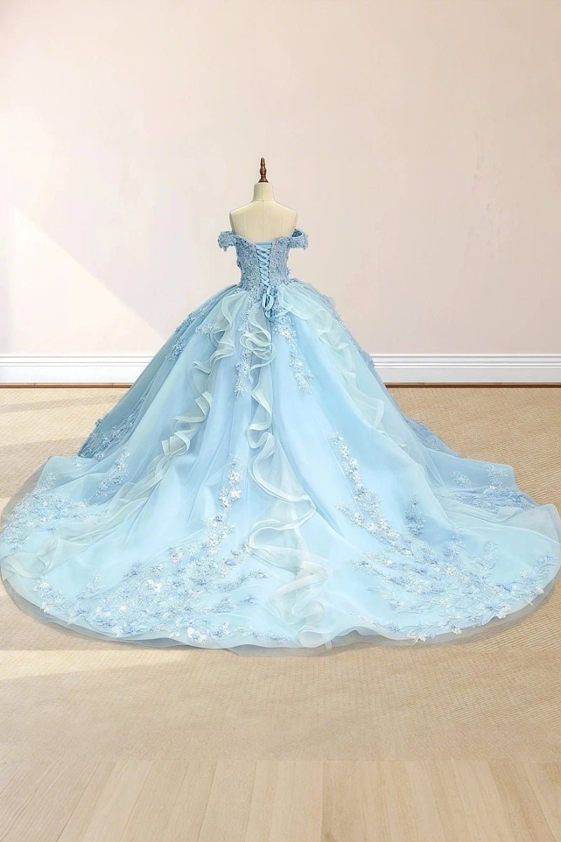 Dolores | Gorgeous Light Blue Quinceanera Flower Dresses Off the Shoulder - Exquisitely Designed & Utterly Enchanting - Light Blue - PromDressClub