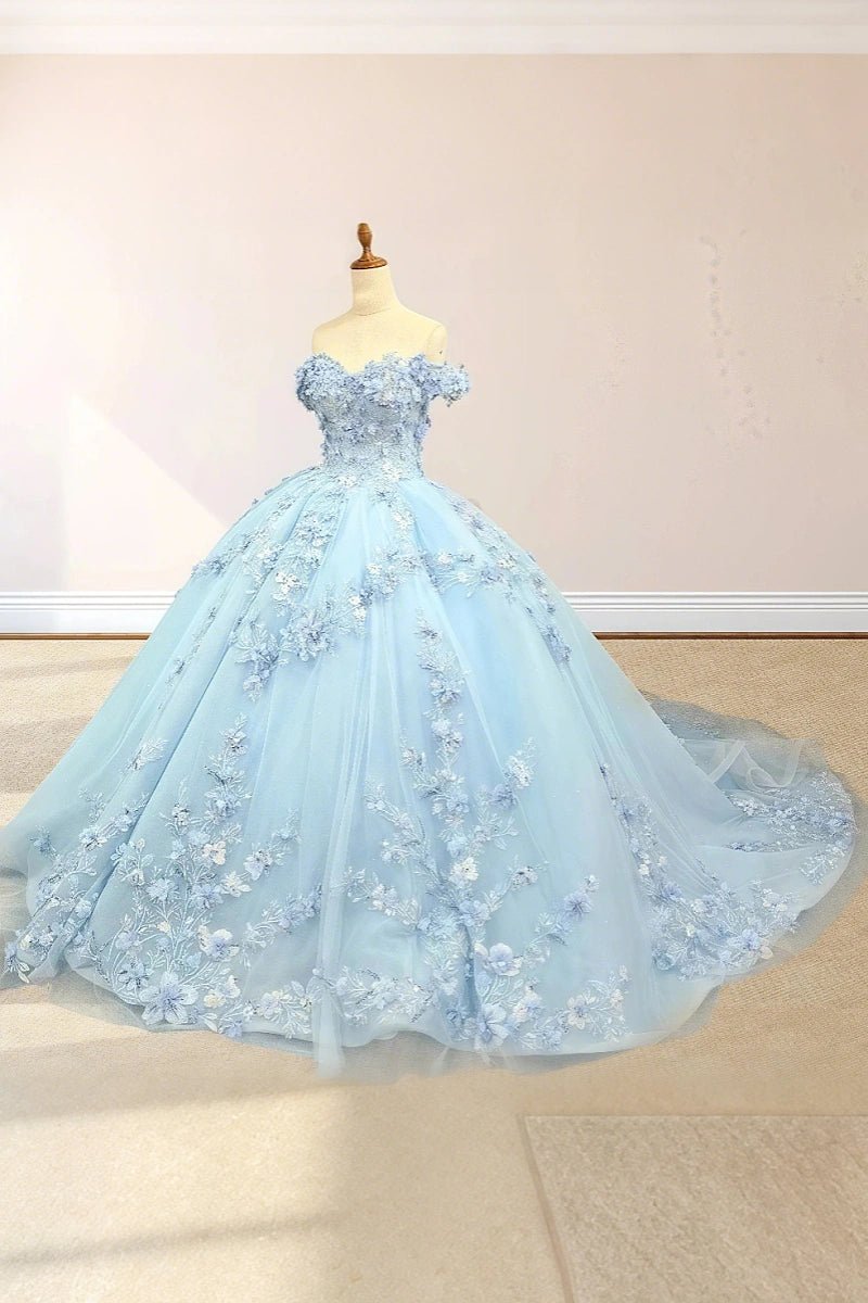 Dolores | Gorgeous Light Blue Quinceanera Flower Dresses Off the Shoulder - Exquisitely Designed & Utterly Enchanting - Light Blue - PromDressClub