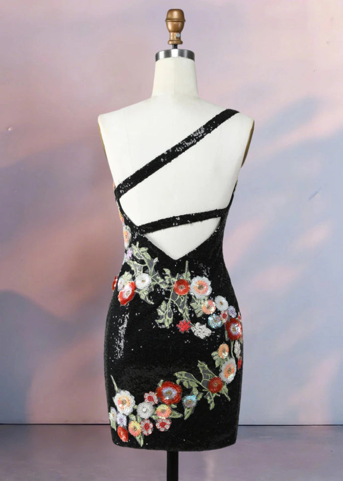 Dondola | Get Noticed in This Black Floral Homecoming Dress with Sequins - Black Floral - PromDressClub